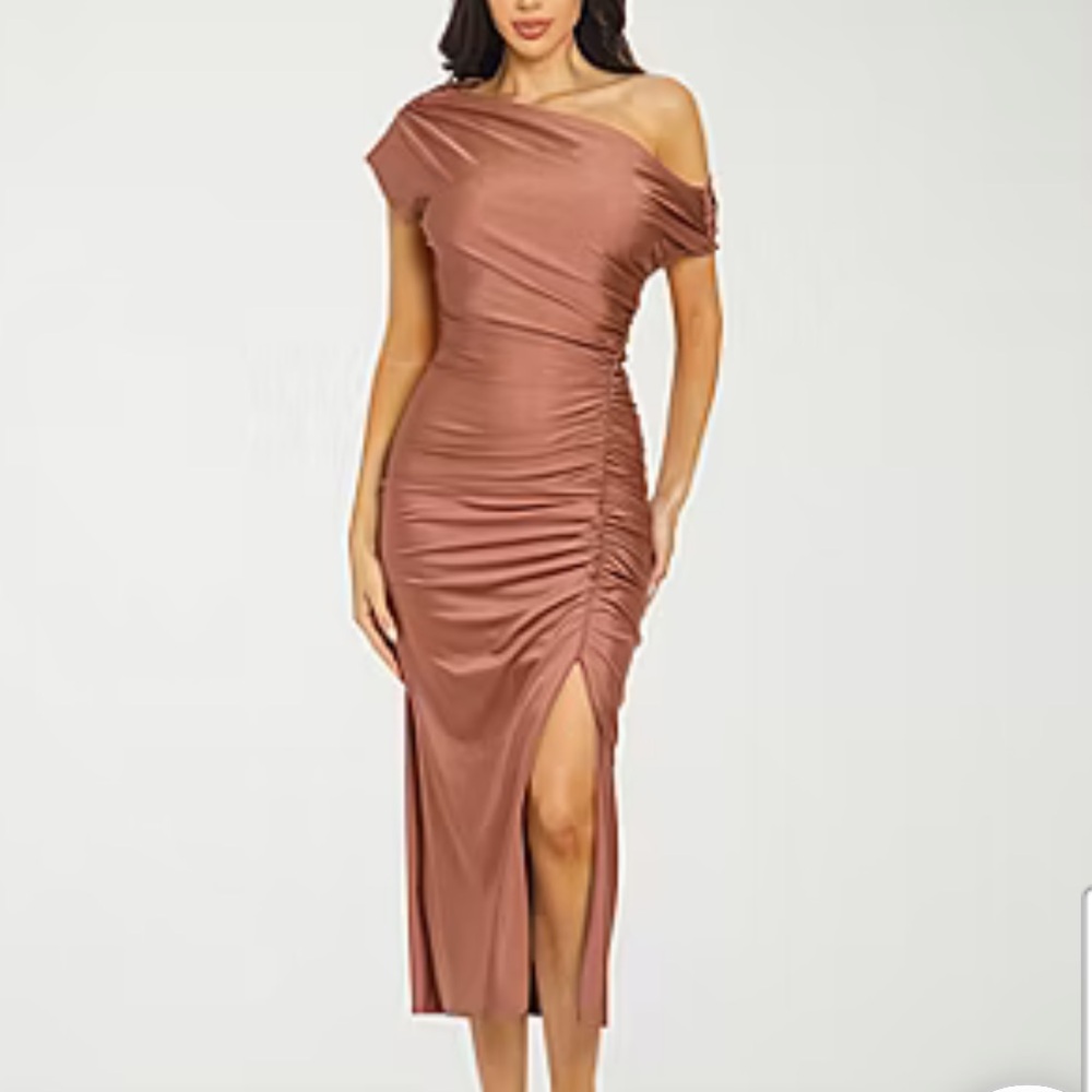 Elegant One Shoulder Ruched Dress in Blush!